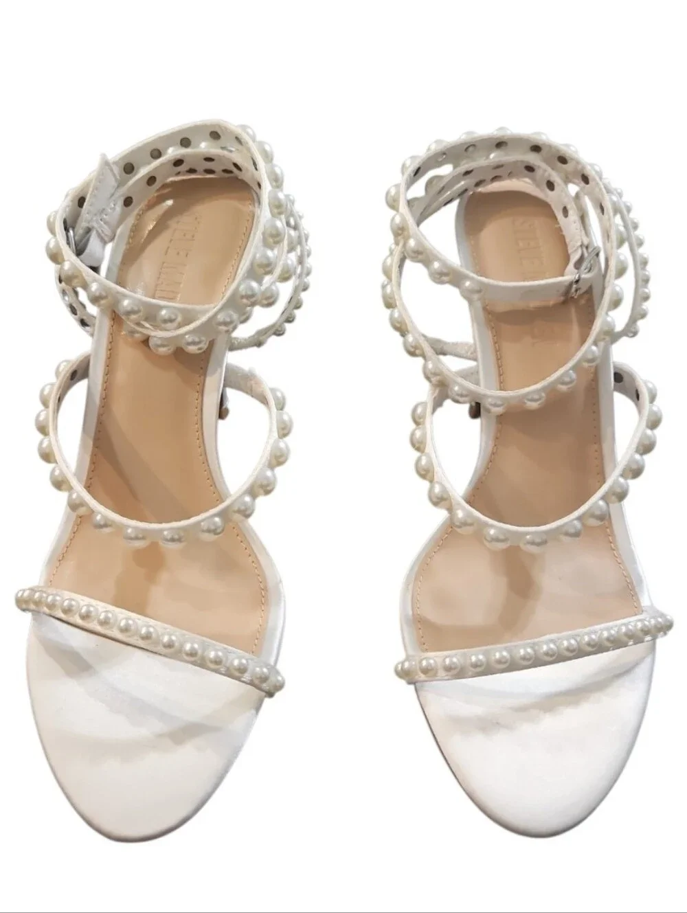 Steve Madden Teena Pearl White Satin Strappy Sandals Heels Sz 8 NWT